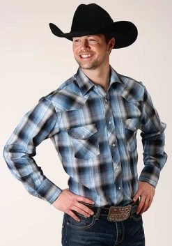 Ropers Men's Long Sleeve Snap Blue Plaid
