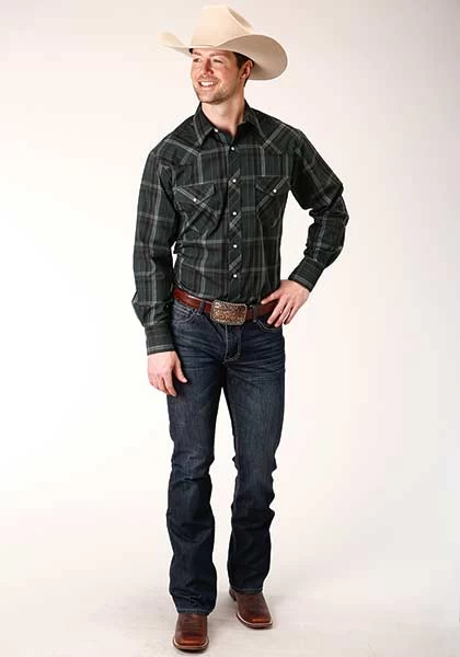 Roper Men's Shirt Snap Woven Plaid Forest And Navy - Image 2