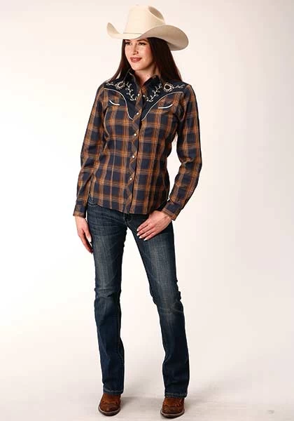 Roper Women's Snap Fancy Applique Navy, Blue & Brown Plaid Shirt - Image 2