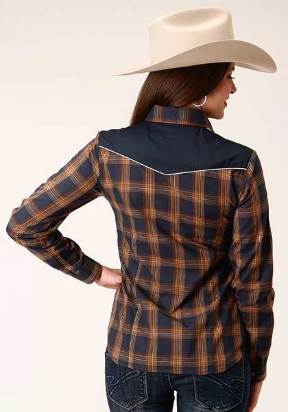 Roper Women's Snap Fancy Applique Navy, Blue & Brown Plaid Shirt - Image 3