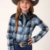 Roper Girls Fancy Applique Blue And Navy Plaid Blue
