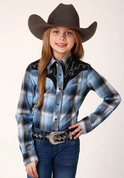 Roper Girls Fancy Applique Blue And Navy Plaid Blue