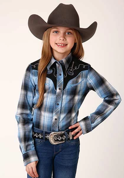 Roper Girls Fancy Applique Blue And Navy Plaid Blue
