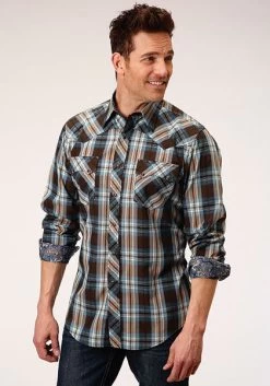 Roper Men's Performance Plaid Snap - Brown