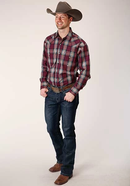 Roper Men's Long Sleeve Amarillo Plaid Snap - Wine - Image 2