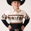 Roper Boys Snap Running Horse Border Print Brown