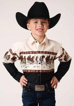 Roper Boys Snap Running Horse Border Print Brown