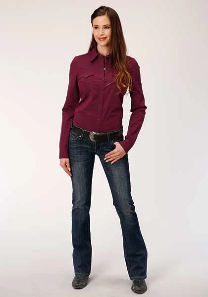 Roper Long Sleeve Shirt Snap Shirt Solid Wine Color - Image 2