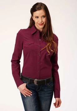 Roper Long Sleeve Shirt Snap Shirt Solid Wine Color