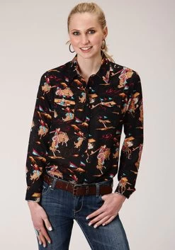 Roper Womens Retro Rodeo Print Western - Black