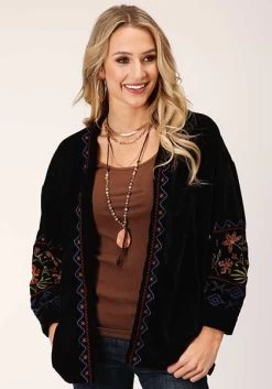 Roper Velvet Open Front Blazer Jacket - Black