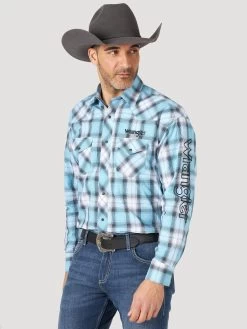 WRANGLER LOGO LONG SLEEVE SNAP - BLUE/TURQ