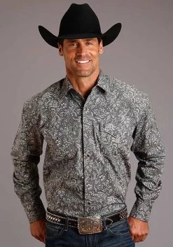 Stetson Mens Shirt 2 Pocket All Over Silver Paisley Grey