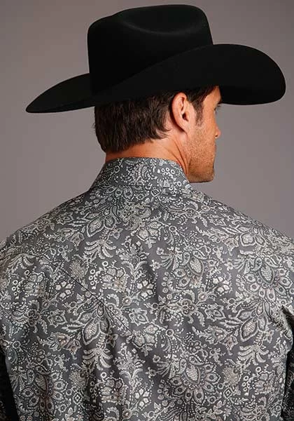 Stetson Mens Shirt 2 Pocket All Over Silver Paisley Grey - Image 2