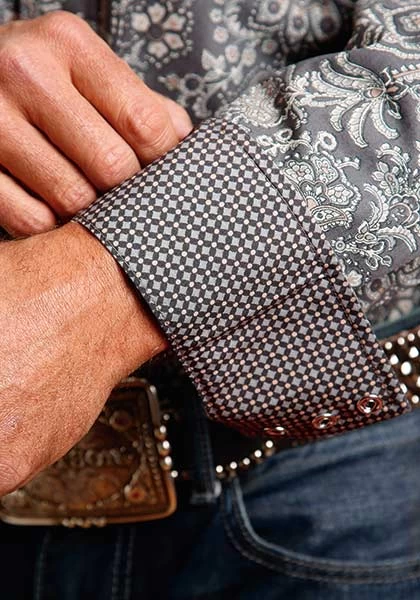 Stetson Mens Shirt 2 Pocket All Over Silver Paisley Grey - Image 3