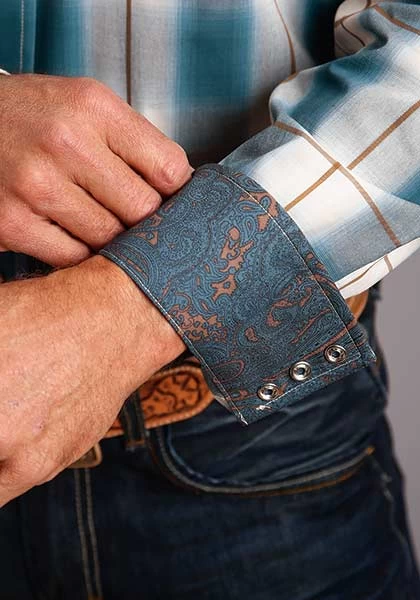 Stetson Mens Shirt 2 Pocket Plaid Steel Ombre - Blue - Image 3