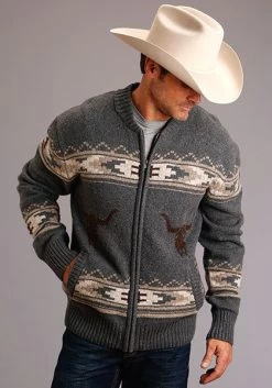 Stetson Mens Wool Blend Heather Knit Cardigan - Longhorn Grey