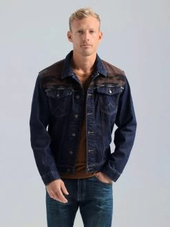 WRANGLER MENS CONTRAST SOUTHWESTERN YOKE UNLINED DENIM JACKET - PECAN PIE