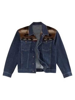WRANGLER BOYS CONTRAST SOUTHWESTERN YOKE UNLINED DENIM JACKET - PECAN PIE