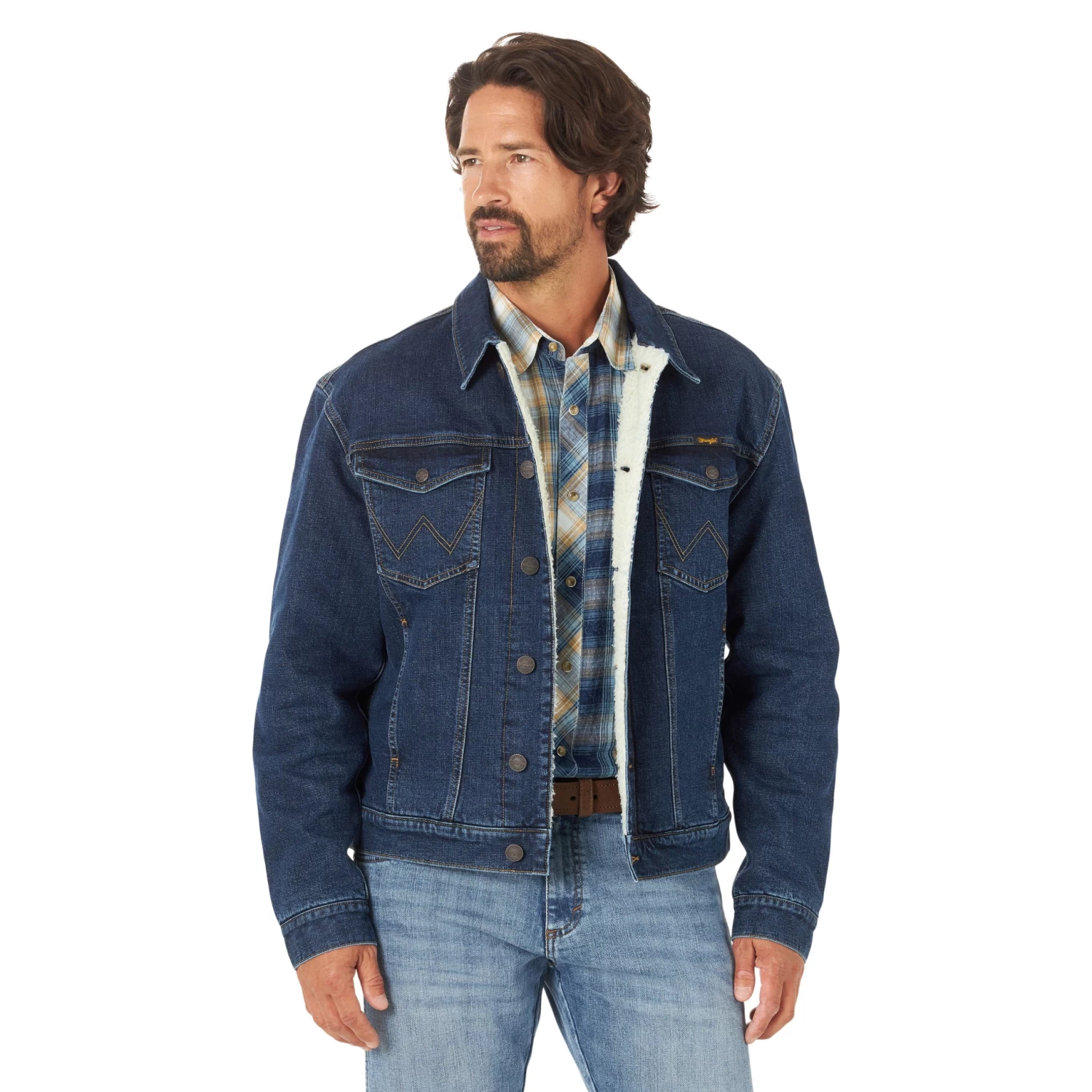 WRANGLER MENS RETRO SHERPA LINED WESTERN DENIM JACKET - DUSTY BLUE