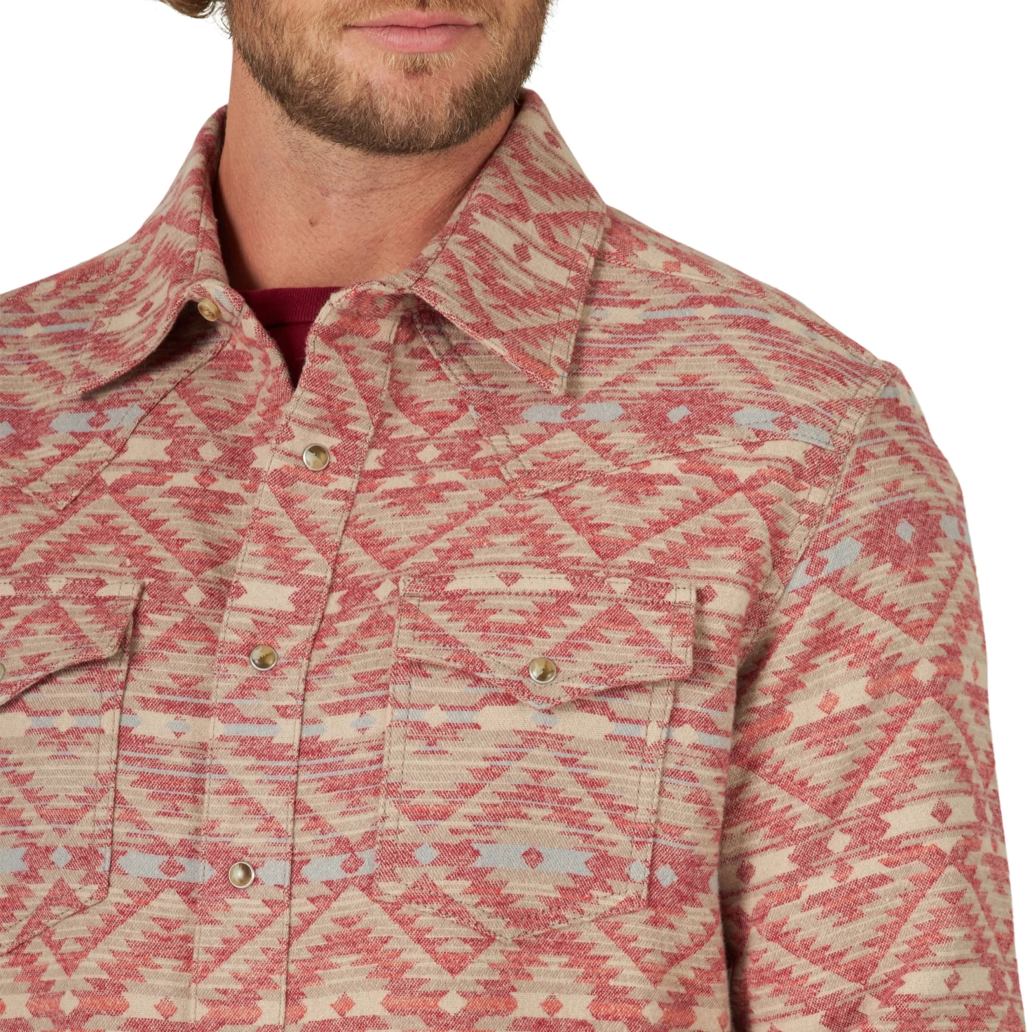 Wrangler Mens Retro Premium Jacquard Snap Shirt - Chili - Image 3