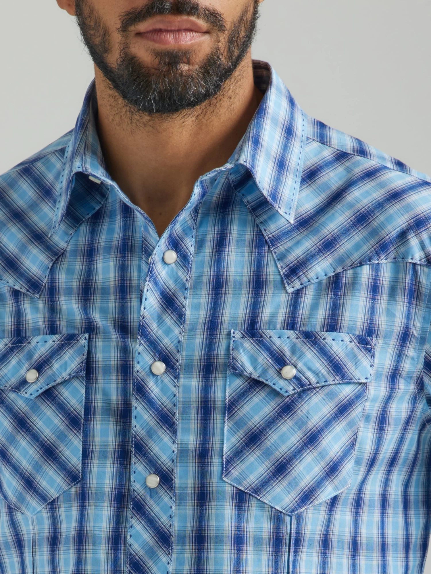 WRANGLER LONG SLEEVE WESTERN PLAID SNAP SHIRT - NAVY BLUE - Image 3