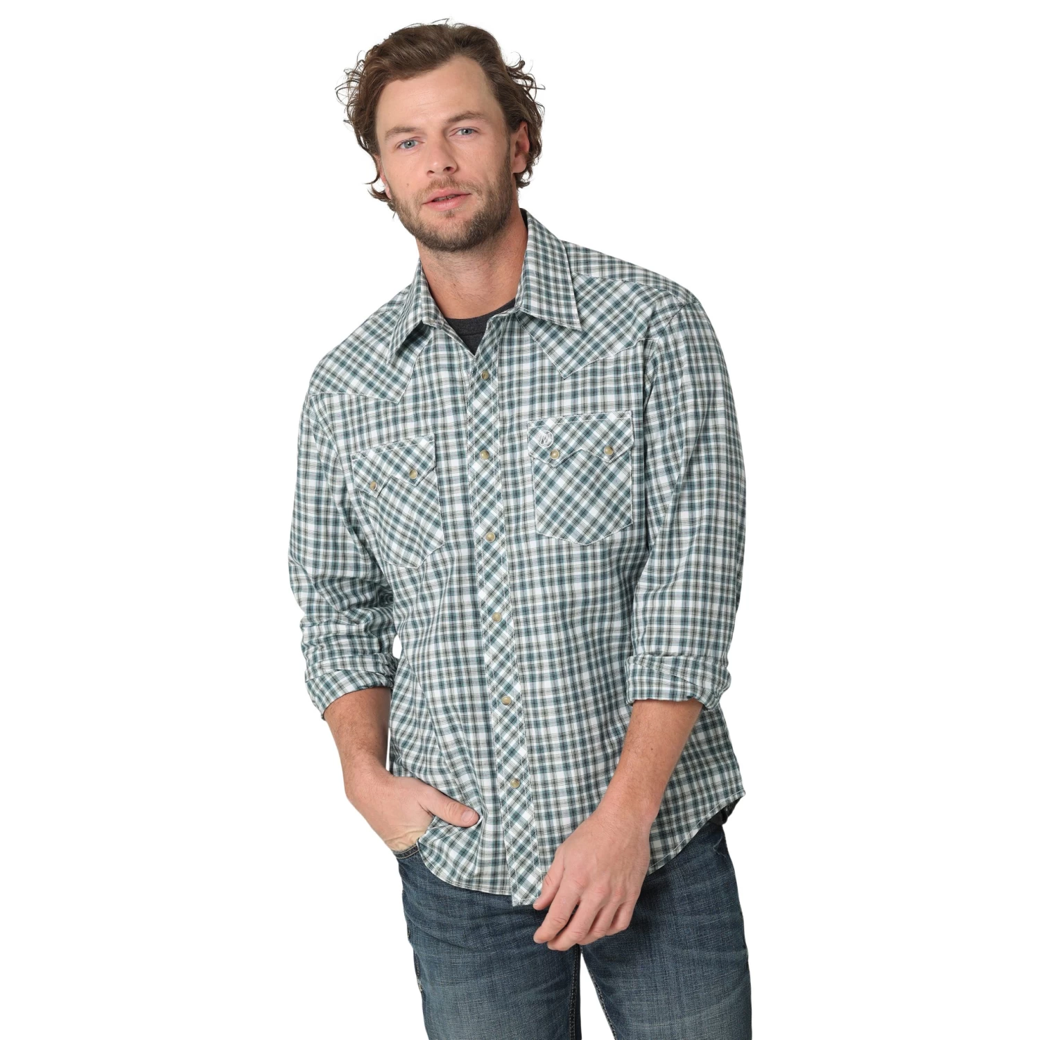 WRANGLER MENS RETRO LONG SLEEVE SAWTOOTH SNAP POCKET - DARK GREEN
