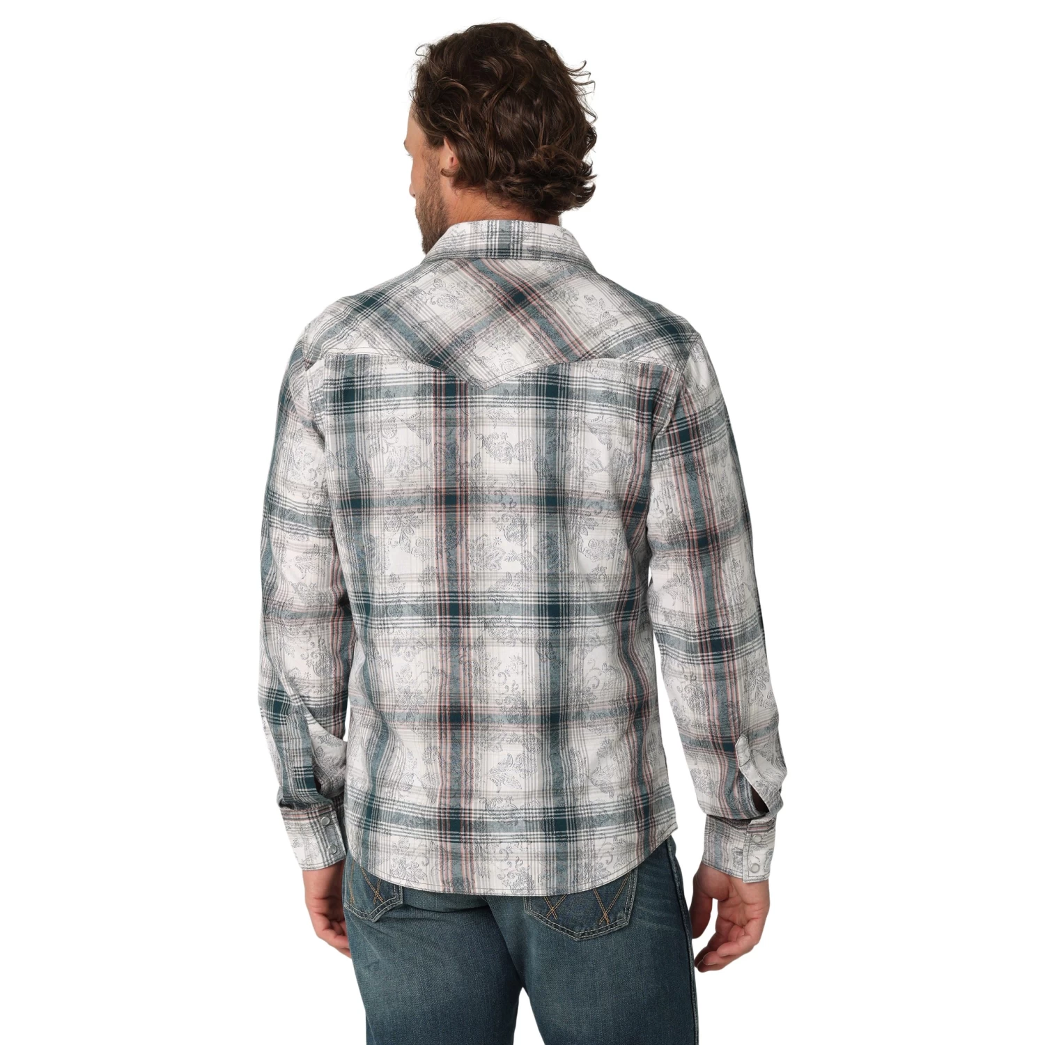 WRANGLER MENS RETRO PREMIUM LONG SLEEVE SNAP OVERPRINT - WHITE GRAY - Image 2