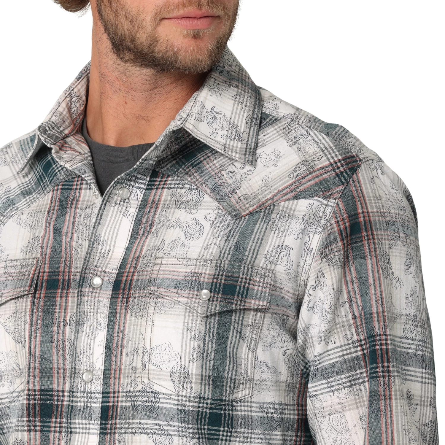 WRANGLER MENS RETRO PREMIUM LONG SLEEVE SNAP OVERPRINT - WHITE GRAY - Image 3