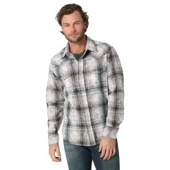 WRANGLER MENS RETRO PREMIUM LONG SLEEVE SNAP OVERPRINT - WHITE GRAY