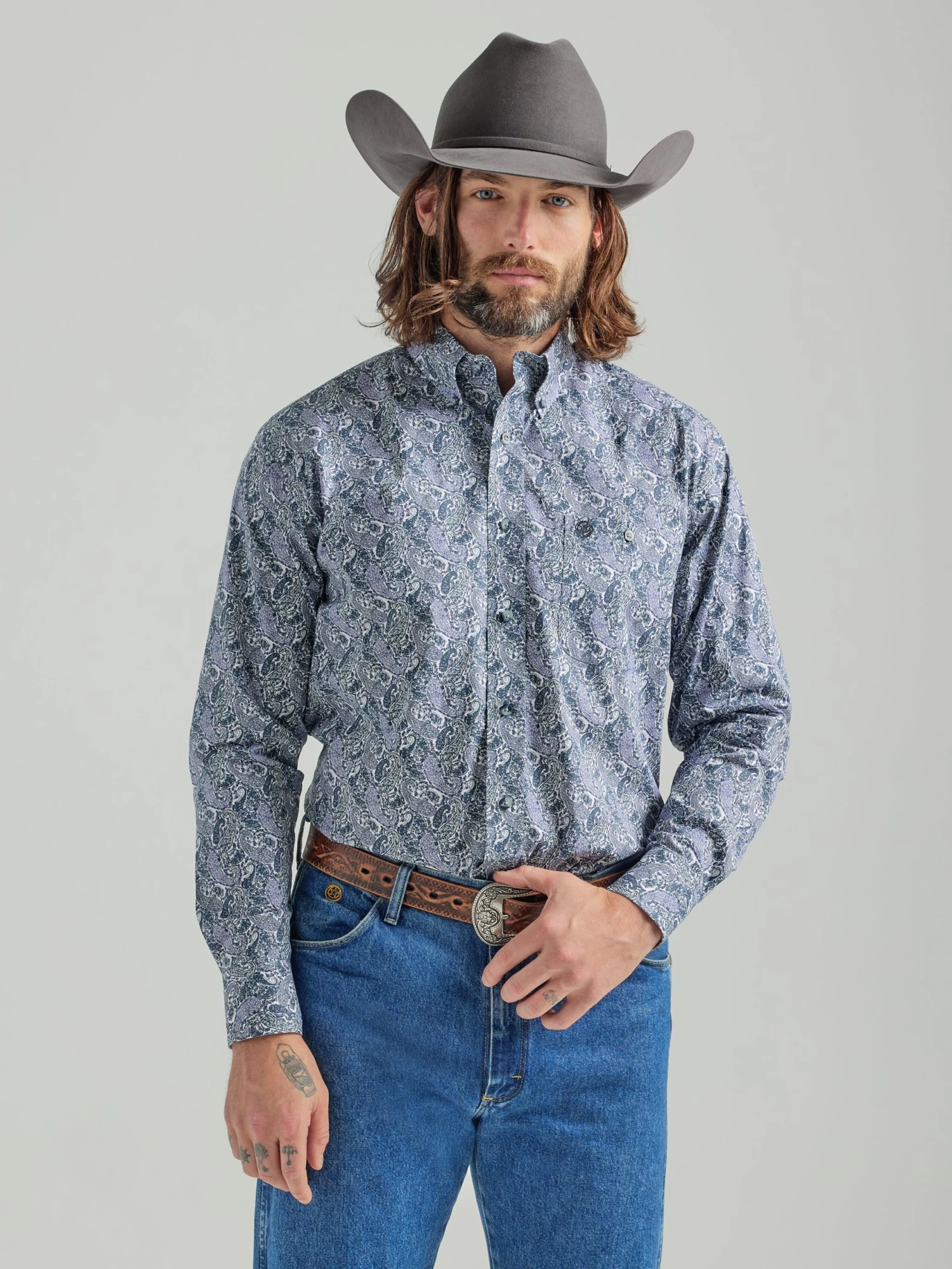 Wrangler Mens George Strait Button Down - Purple Grey