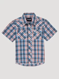 Wrangler Boys Short Sleeve Western Snap Plaid - Sunset Blue