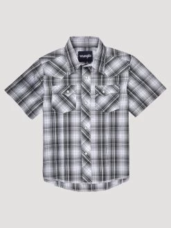 Wrangler Boys Short Sleeve Western Snap Plaid - Chess Grey