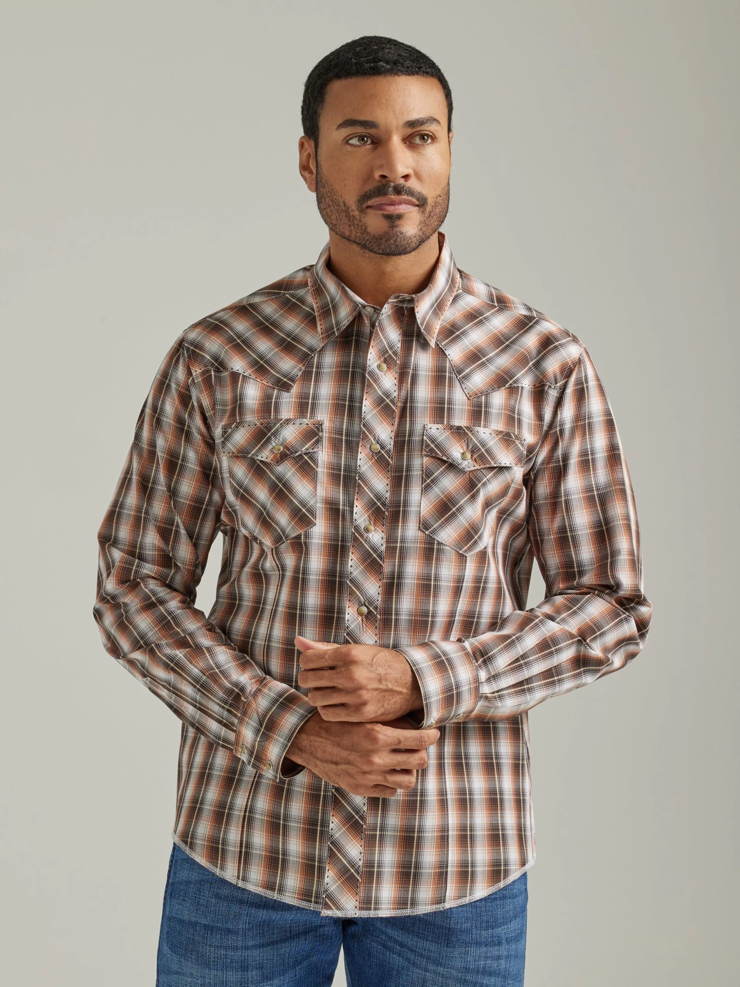 Wrangler Mens Western Snap Plaid Shirt - Tawny Brown