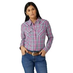 Wrangler Womens Long Sleeve Plaod Poplin Western Snap - Pink/Blue
