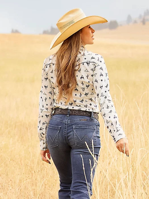 Wrangler Retro Cowgirl Cactus Western Snap Shirt - Blue Print - Image 2