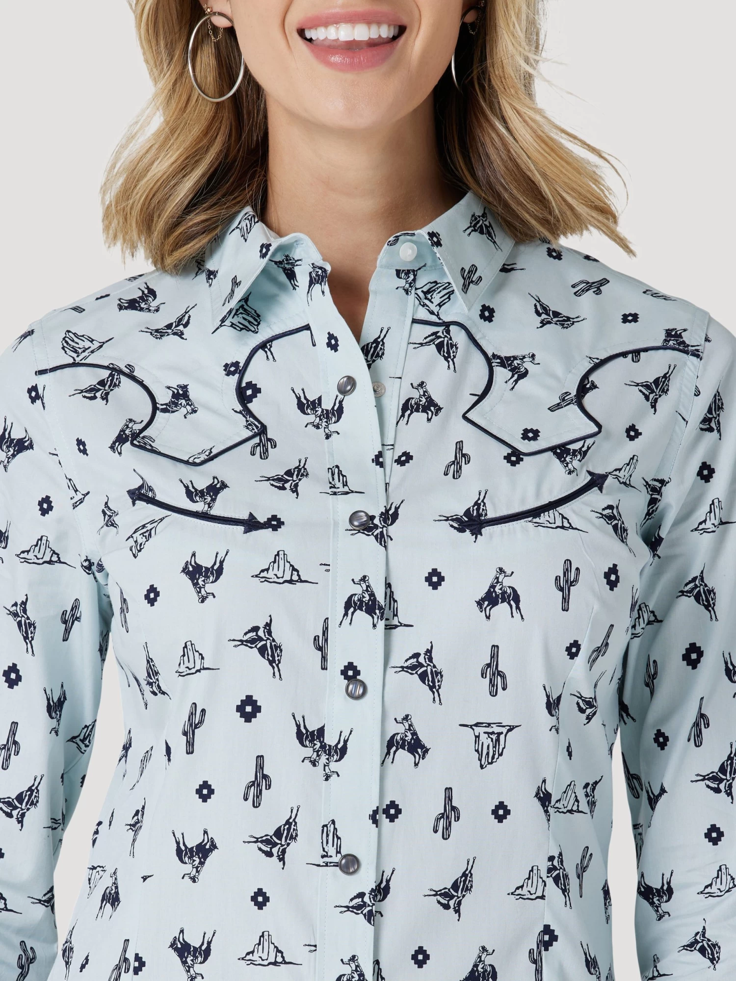 Wrangler Retro Cowgirl Cactus Western Snap Shirt - Blue Print - Image 6