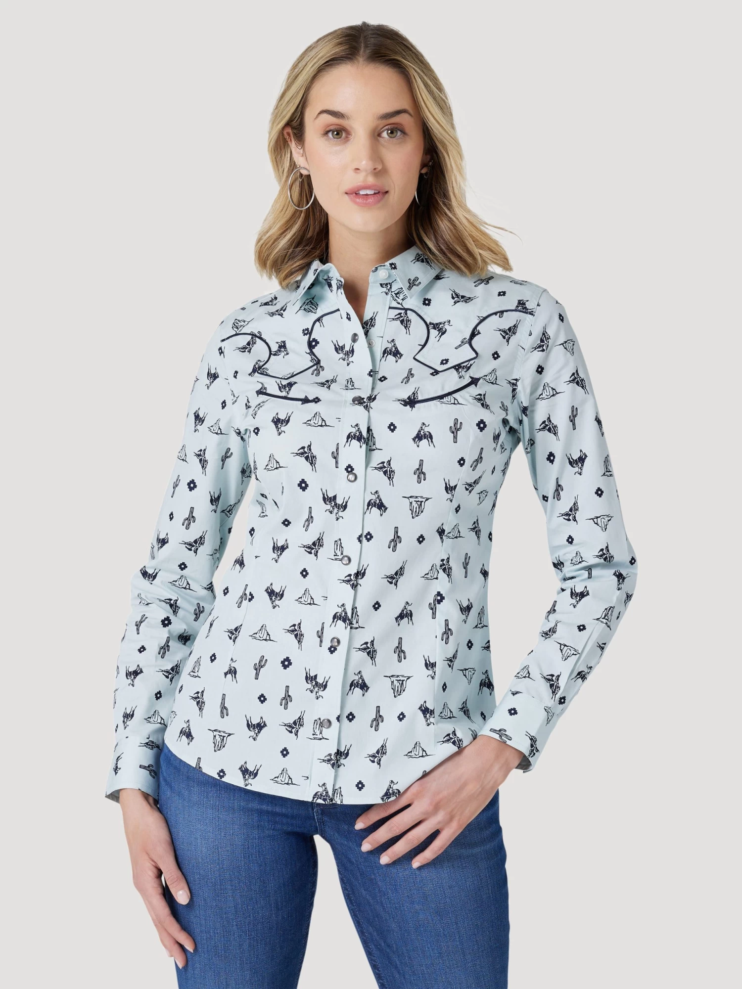 Wrangler Retro Cowgirl Cactus Western Snap Shirt - Blue Print - Image 3