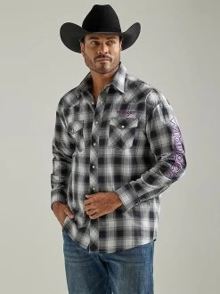 Wrangler Mens Logo Sleeve Western Plaid Shirt - Black White Buffalo