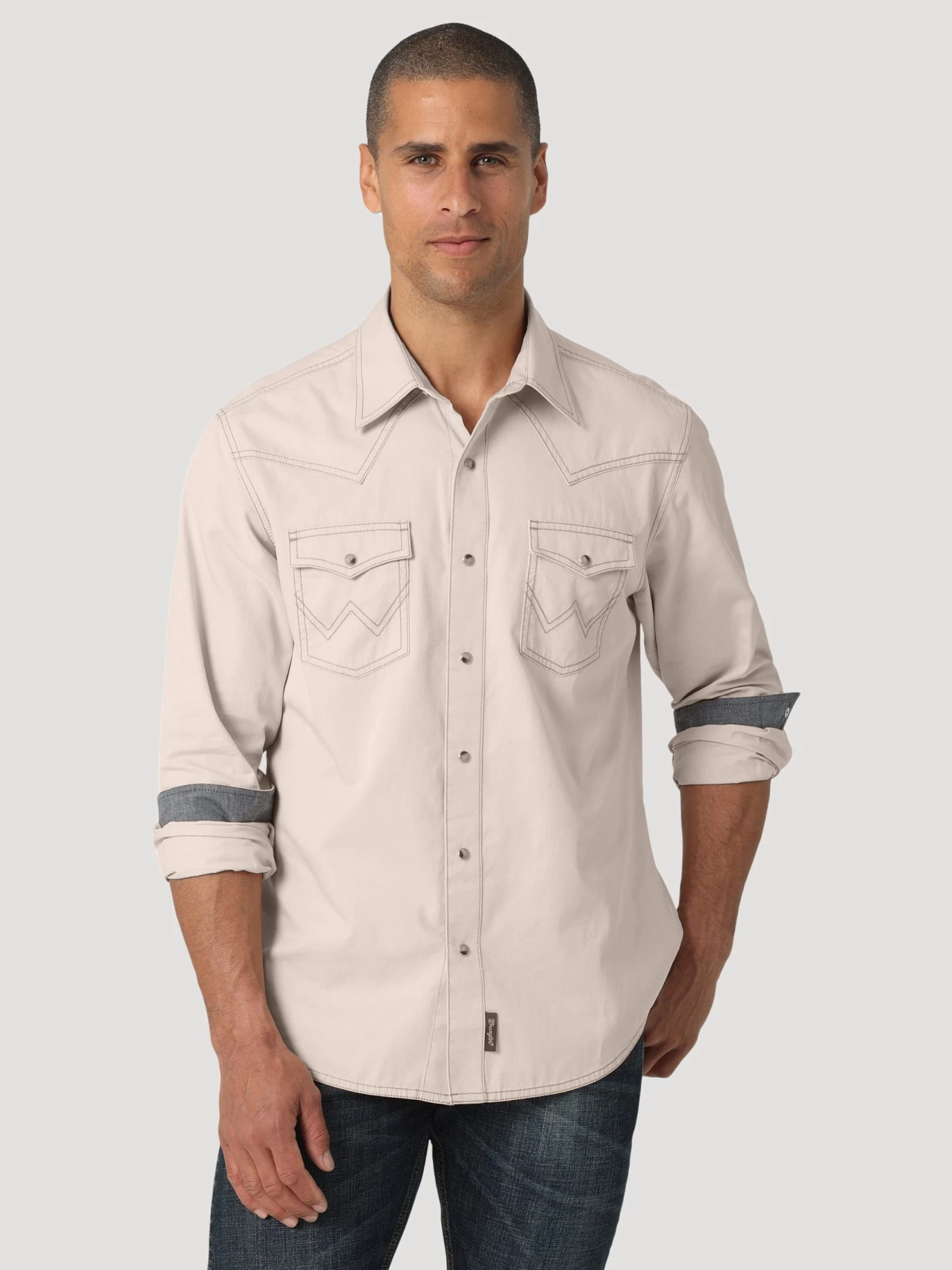 Wrangler Mens Retro Premium Long SLeeve Button Down Soild Shirt - Pale Tan
