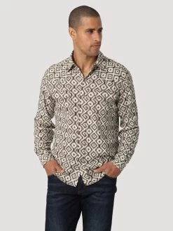 Wrangler Retro Premium Long Sleeve Linen Western Snap Shirt - Brown Diamonds