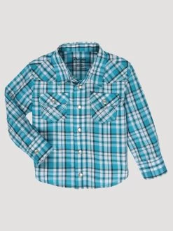 Wrangler Little Boy Long Sleeve Snap Front Plaid Western Shirt - Seaside Teal