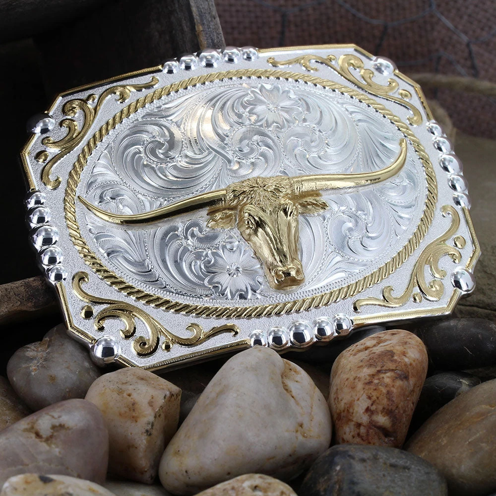 Montana Silversmiths Two Tone Cowboy Cameo Longhorn Steer Buckle - Image 2