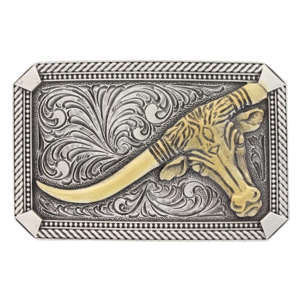 Montana Silversmiths Attitude Two Tone Rope & Pins Leaning Steer Buckle
