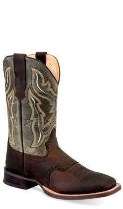 Old West Broad Square Toe Boots - Green/Brown