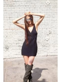 Black Ribknit Sweater Dress Black