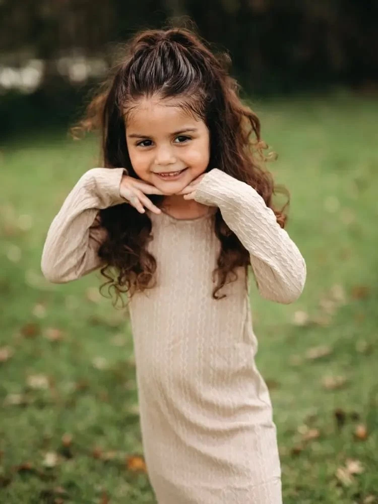 Mommy And Me Aniston Cable Kint Dress- Tan