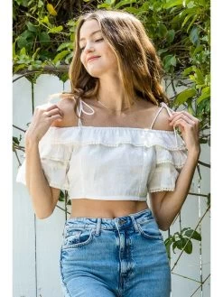 Off The Shoulder Ruffle Sleeve Crop Top - White