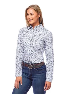 Rodeo Womens Long Sleeve Blue Paisley Snap Western Shirt