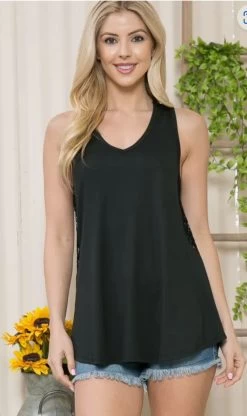 V-Neck Sleeveless Top With Side Lace Detail - Black